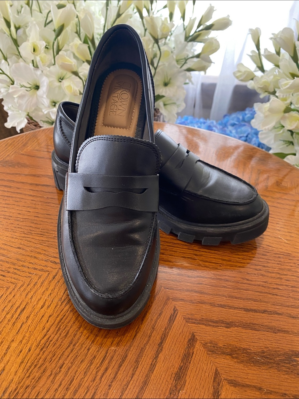 Crown Vintage Black Leather Penny Loafers